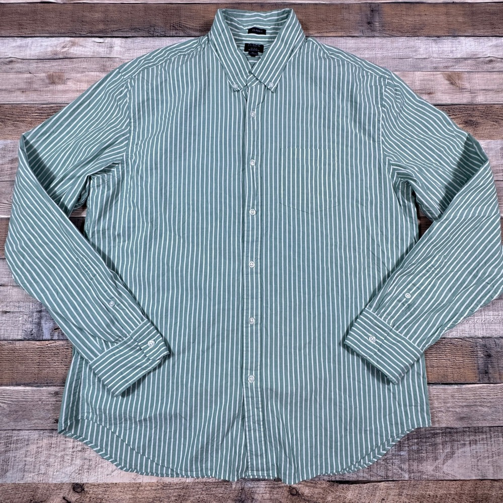 J.Crew Flex Washed Shirt Mens‎ XL Classic Fit Green White Striped Button Down